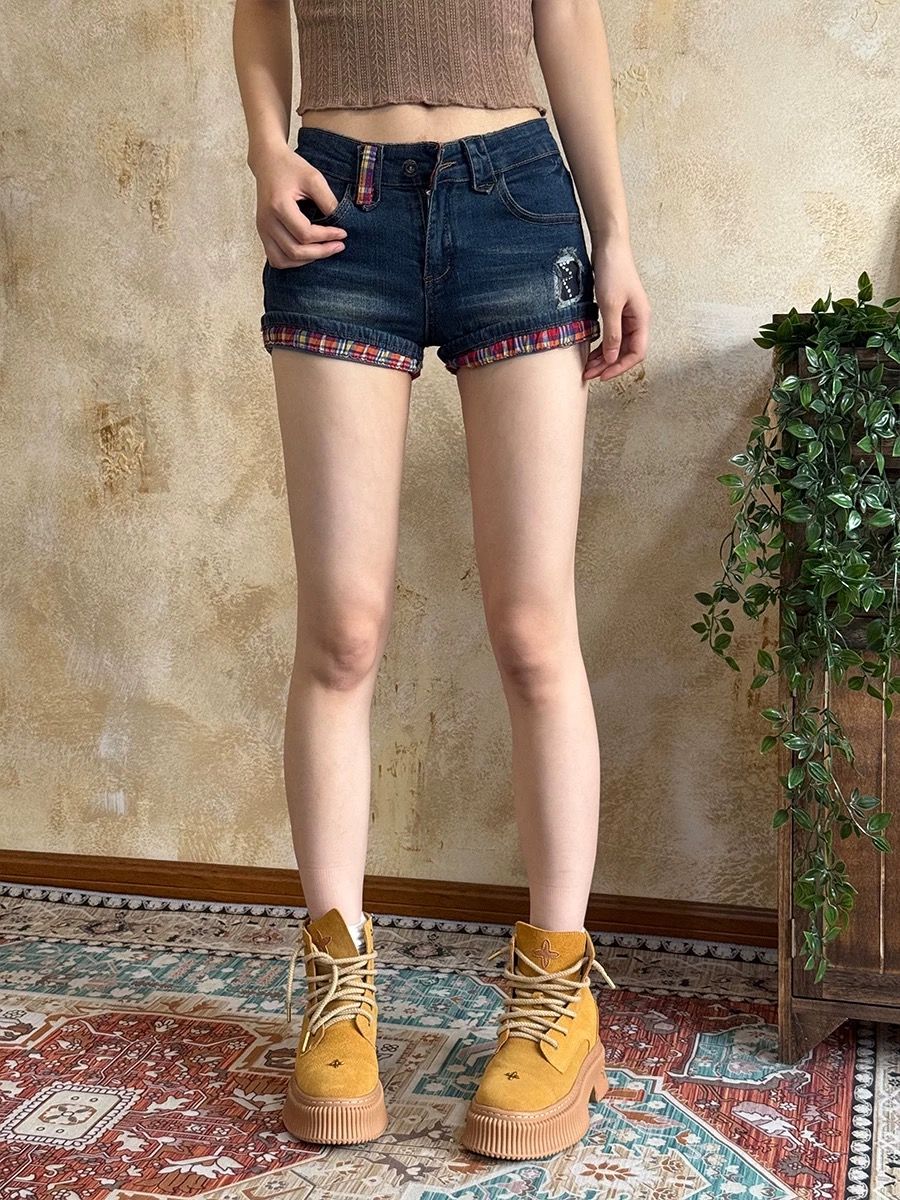韓系復古低腰格子撞色Y2K牛仔短褲修身顯瘦包臀熱褲女壕吶