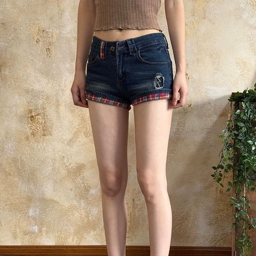 韓系復古低腰格子撞色Y2K牛仔短褲修身顯瘦包臀熱褲女壕吶