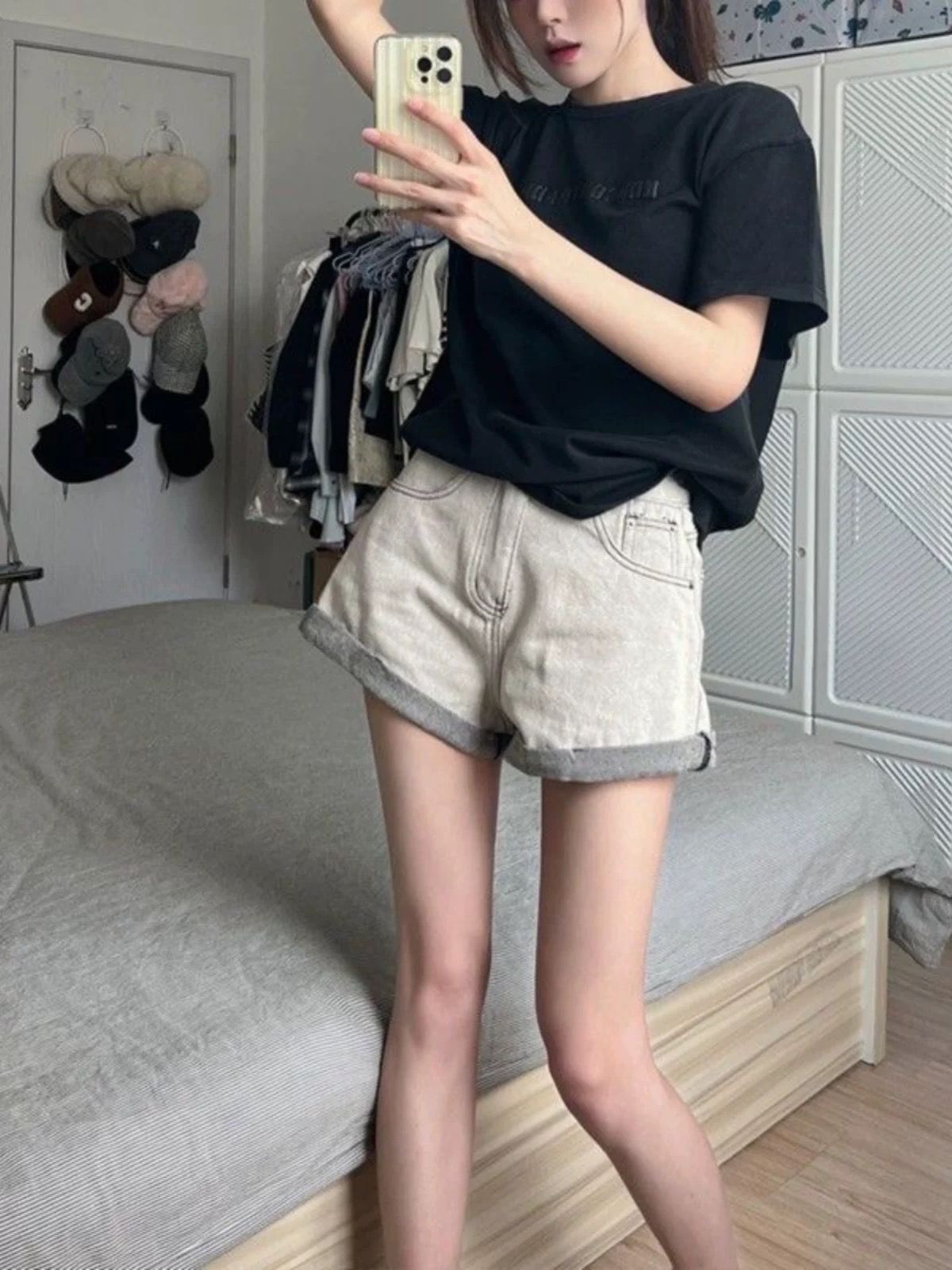 美式復古卷邊撞色高腰牛仔短褲女夏新款寬松顯瘦a字闊腿熱褲