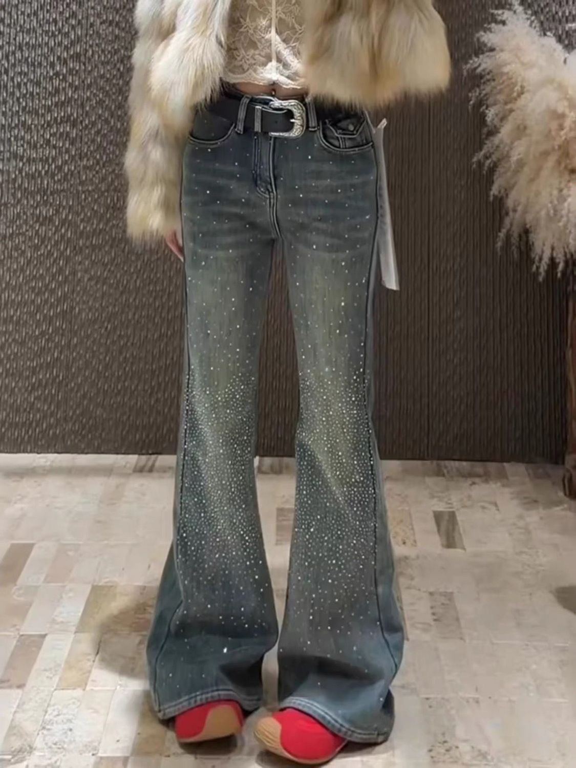 美式水洗復古滿天星微喇牛仔褲女辣妹修身顯瘦闊腿墜感長褲潮