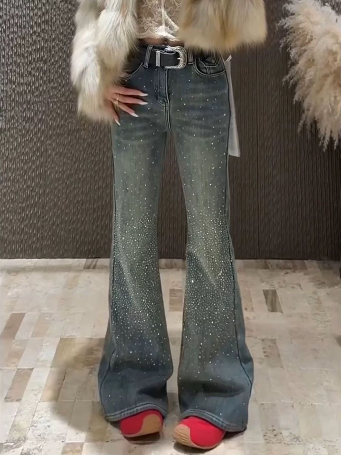 美式水洗復古滿天星微喇牛仔褲女辣妹修身顯瘦闊腿墜感長褲潮