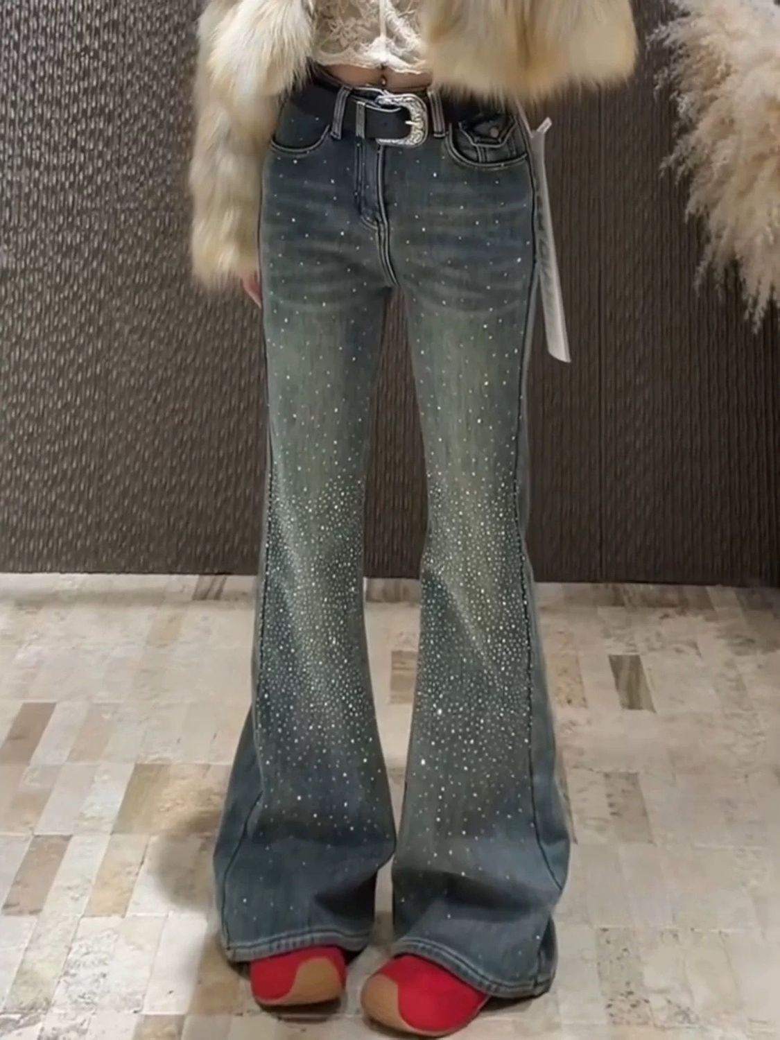 美式水洗復古滿天星微喇牛仔褲女辣妹修身顯瘦闊腿墜感長褲潮
