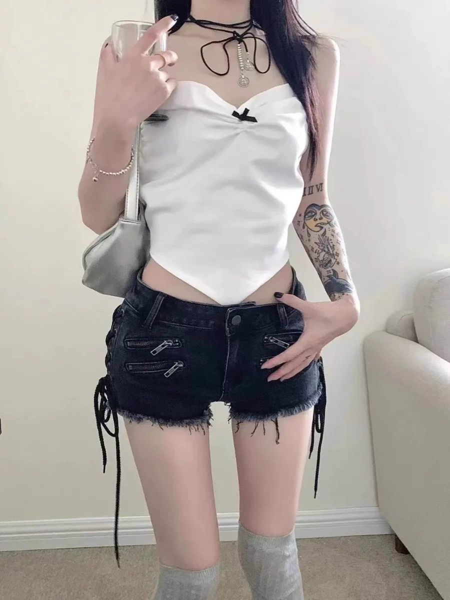 美式y2k辣妹黑灰色拉鏈牛仔短褲女夏設計感小眾百搭綁帶毛邊熱褲