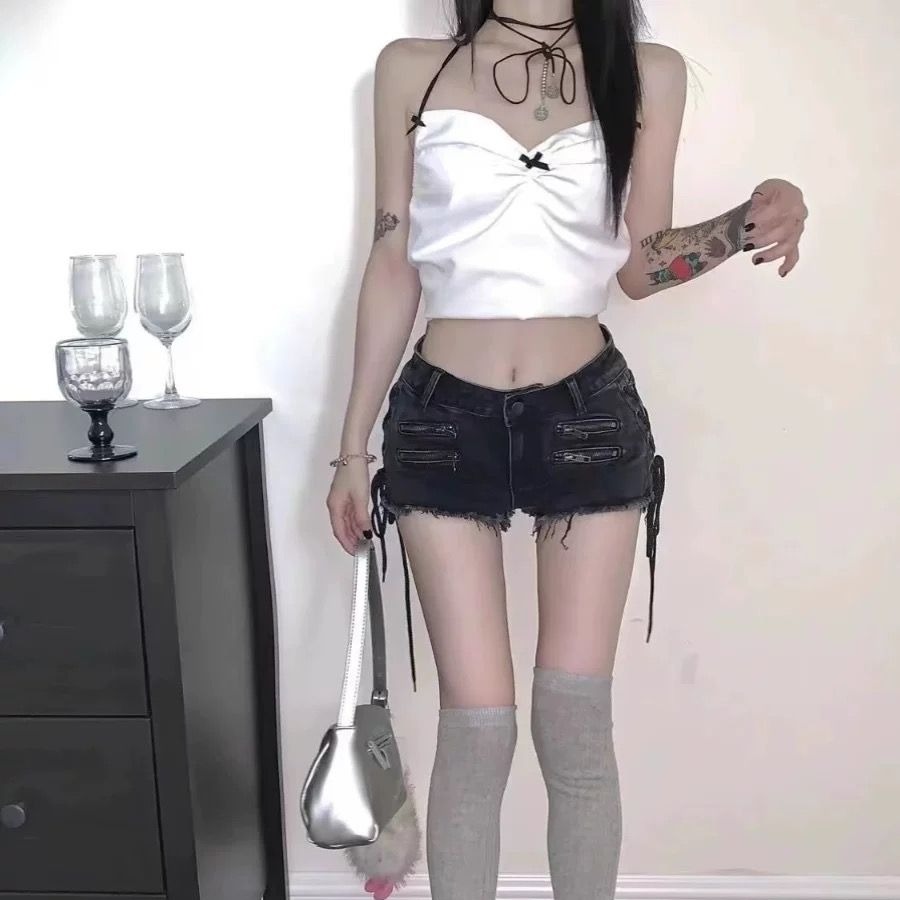 美式y2k辣妹黑灰色拉鏈牛仔短褲女夏設計感小眾百搭綁帶毛邊熱褲