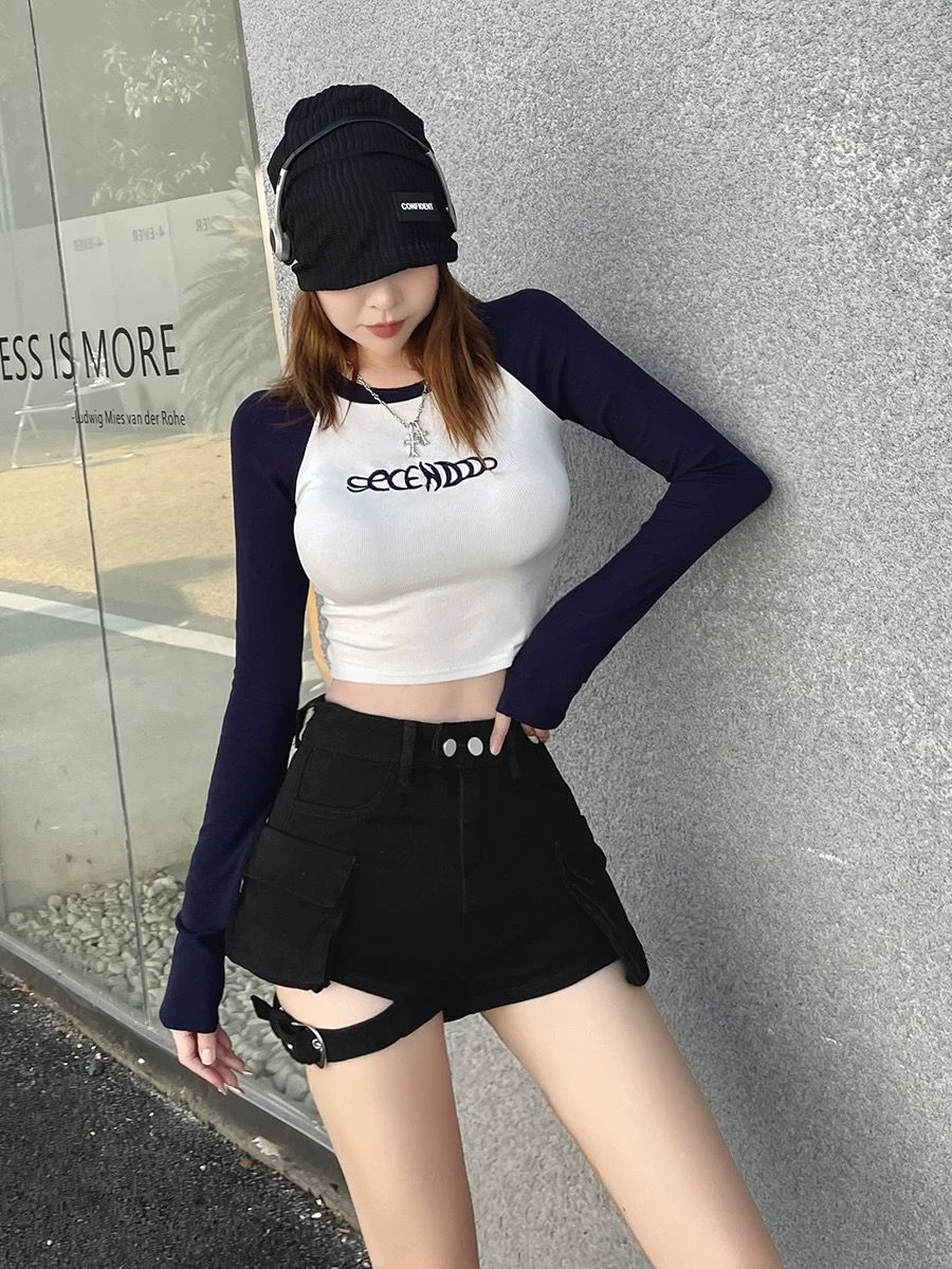 美式復古辣妹高腰牛仔短褲女夏季新款時尚設計感兩口袋工裝短褲潮