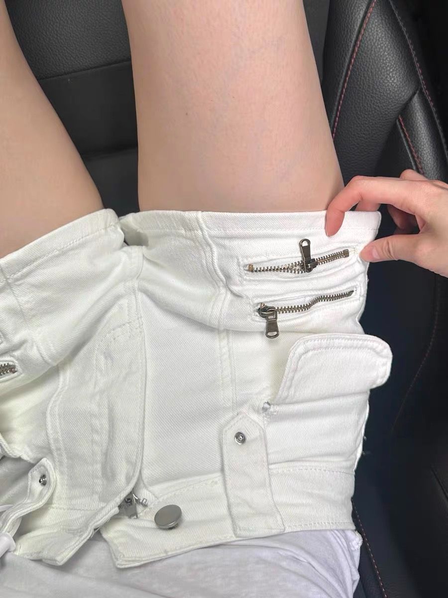 設計感白色工裝牛仔短褲女夏季新款美式高腰彈力顯瘦提臀辣妹熱褲
