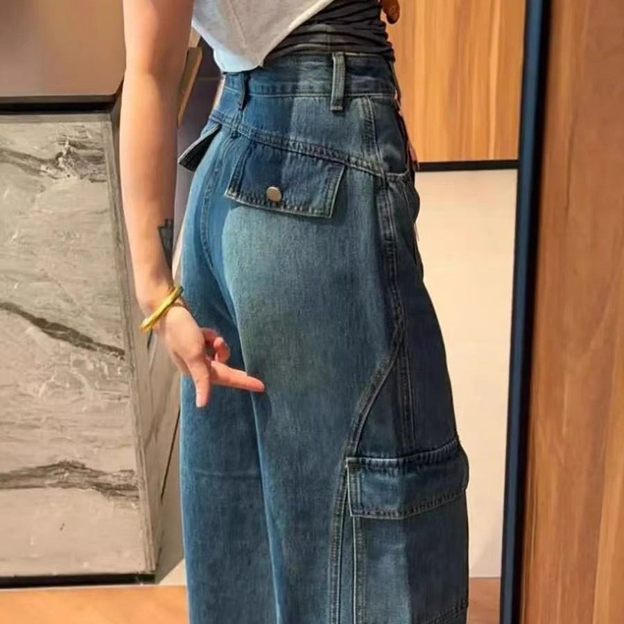 美式復古多口袋工裝牛仔褲女高腰寬松顯瘦百搭闊腿彎刀長褲