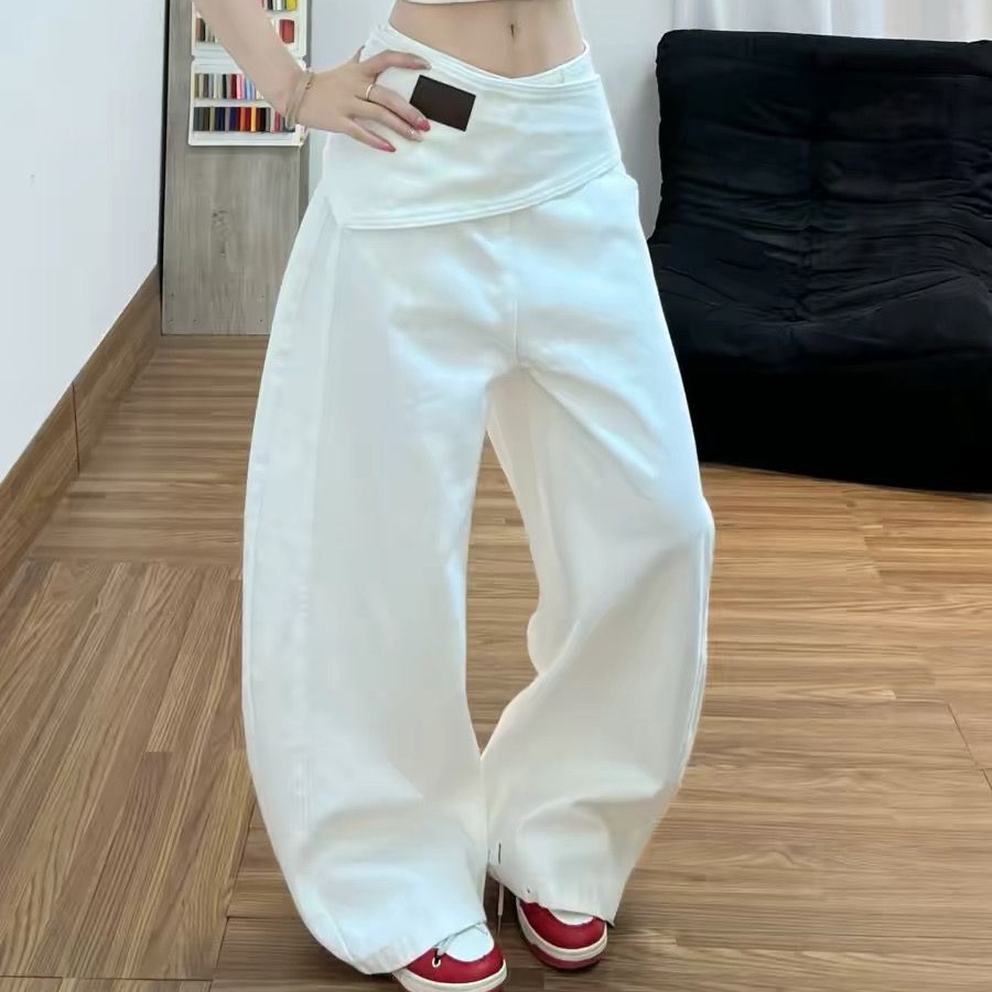 設計感可拆卸屁簾白色彎刀牛仔褲褲子女款2026新款寬松闊腿拖地褲