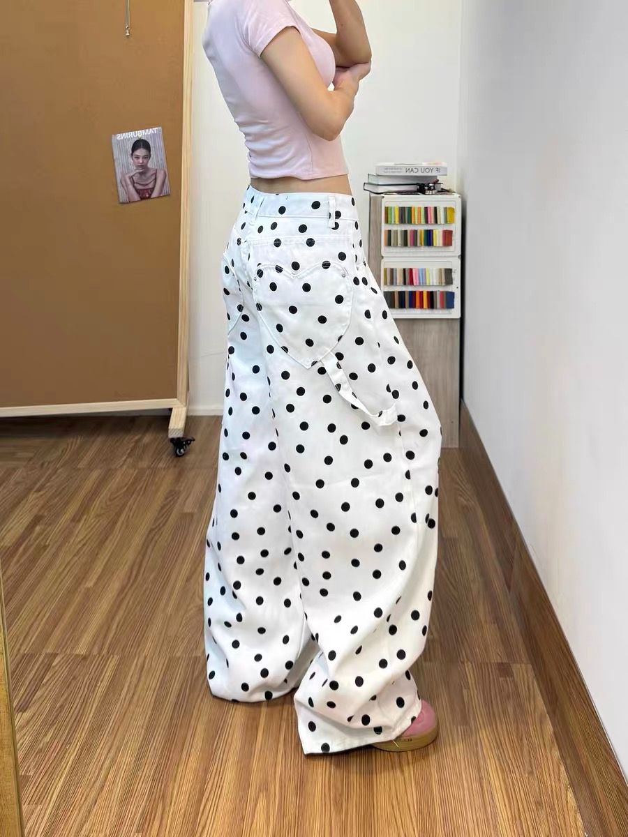 美式白色波點彎刀牛仔褲褲子女款2026夏季新款愛心口袋寬松闊腿褲