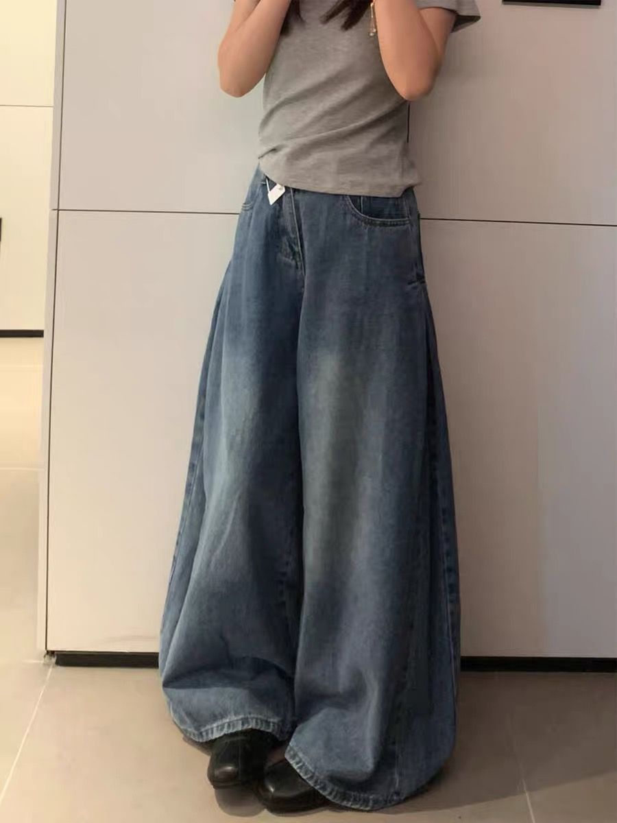 美式復古闊腿牛仔褲女2026夏季新款高腰寬松顯瘦垂感直筒拖地長褲