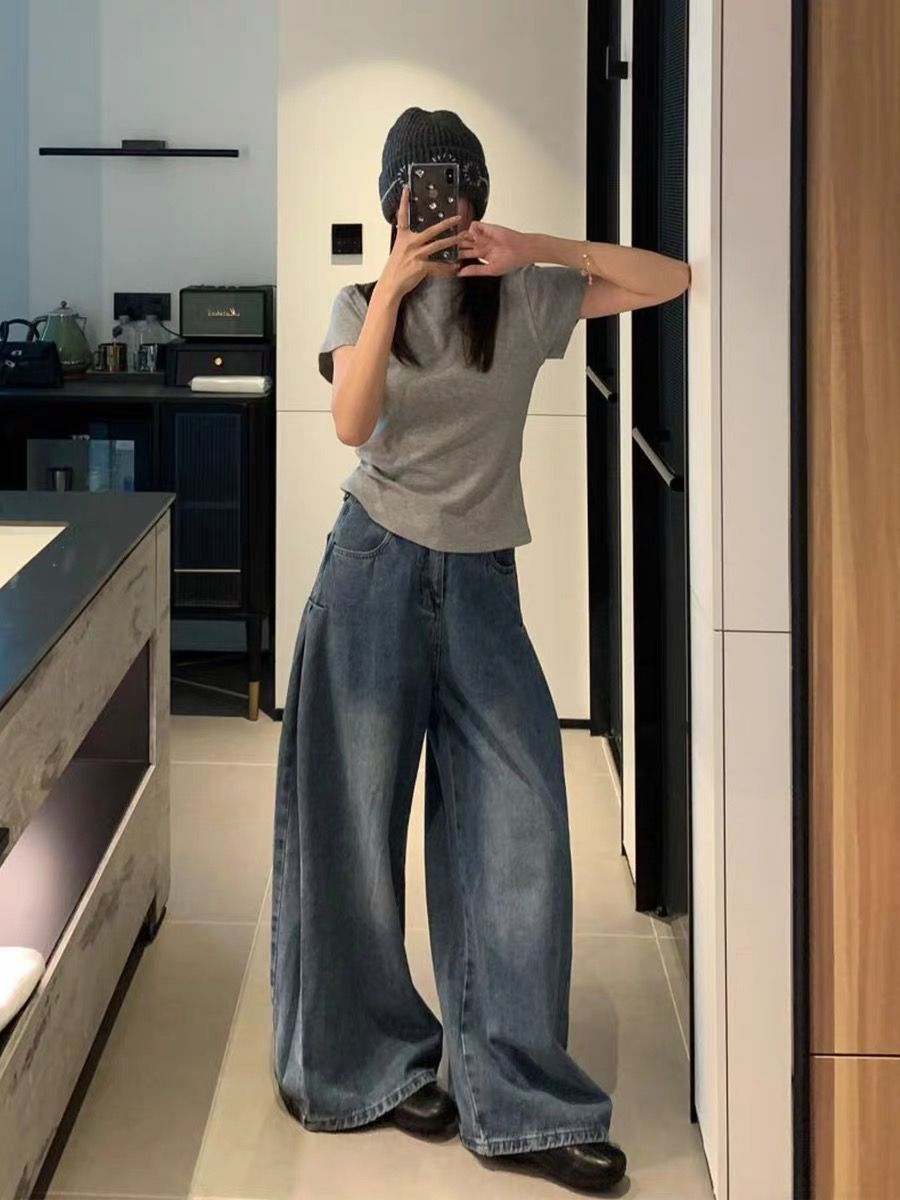 美式復古闊腿牛仔褲女2026夏季新款高腰寬松顯瘦垂感直筒拖地長褲