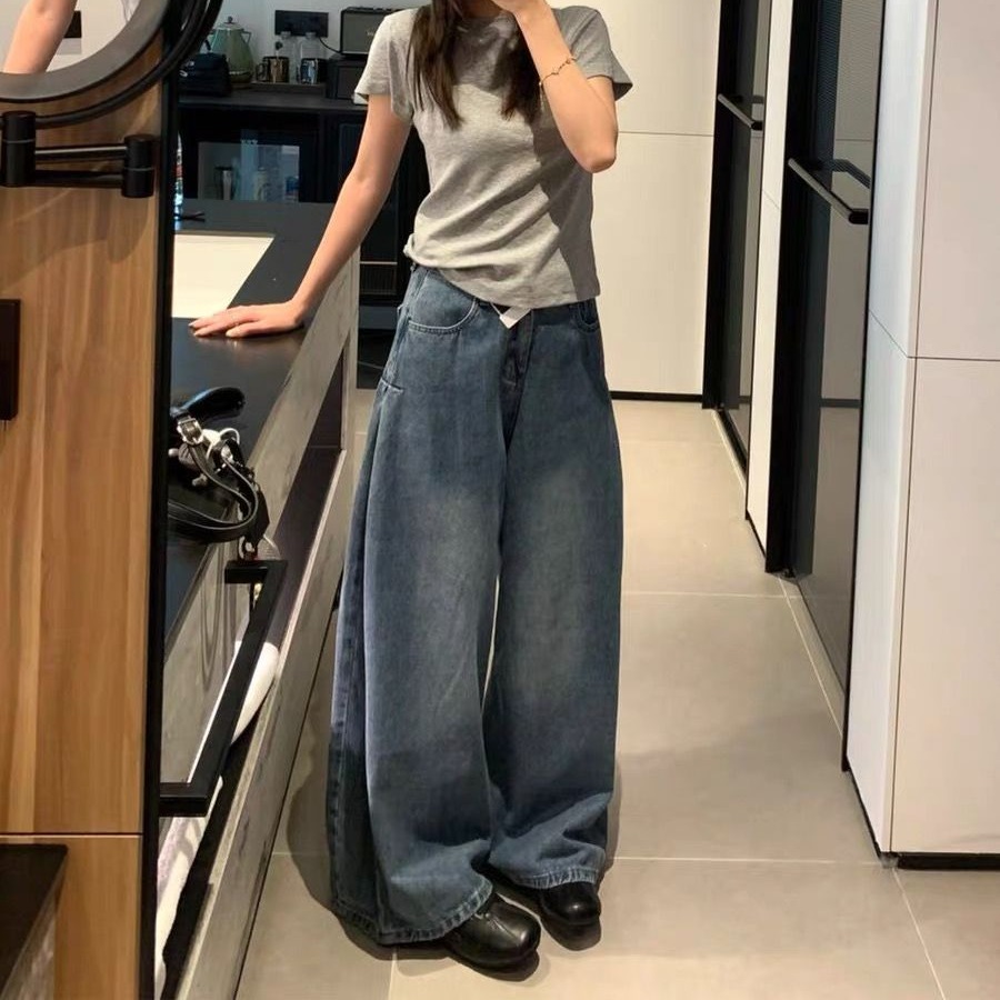 美式復古闊腿牛仔褲女2026夏季新款高腰寬松顯瘦垂感直筒拖地長褲