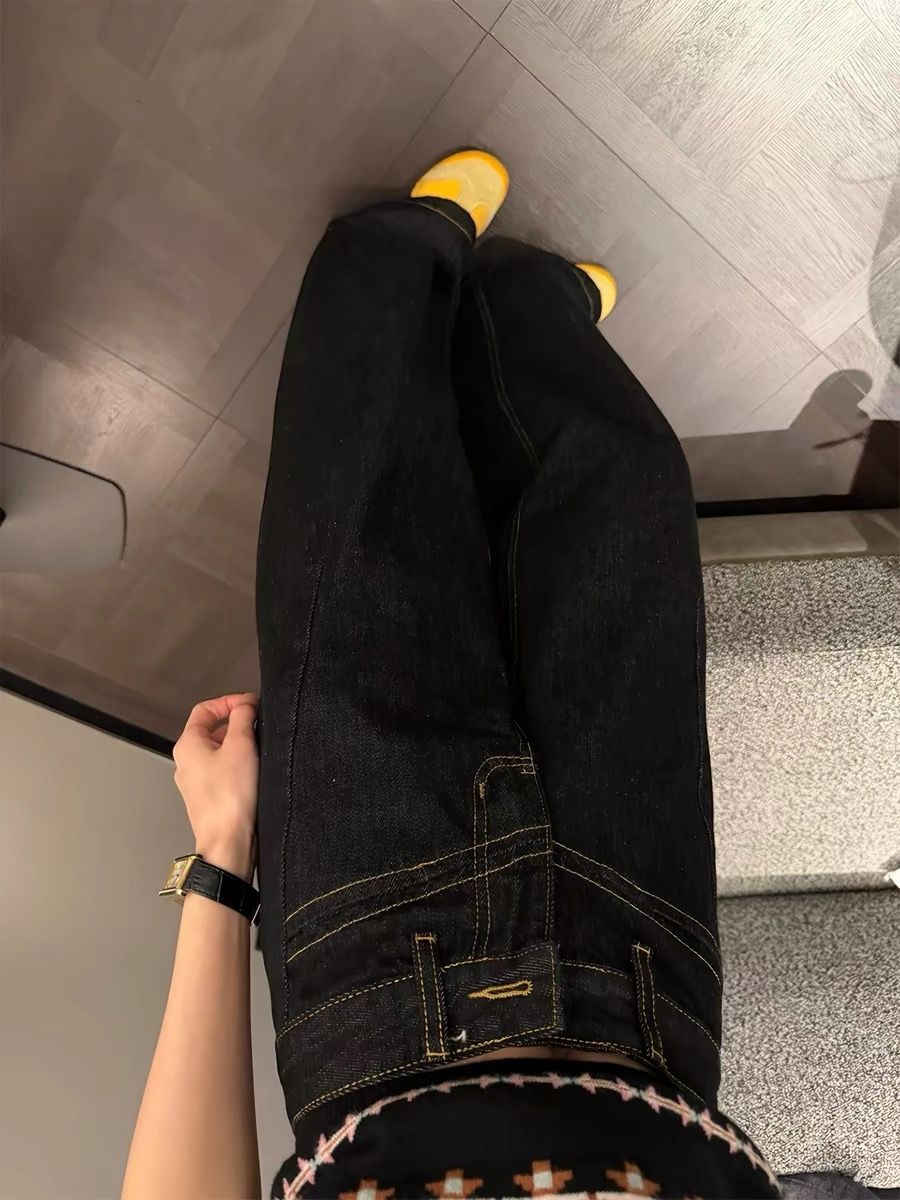 廓形設計黑色彎刀牛仔褲女夏季新款美式復古顯瘦闊腿直筒拖地褲子