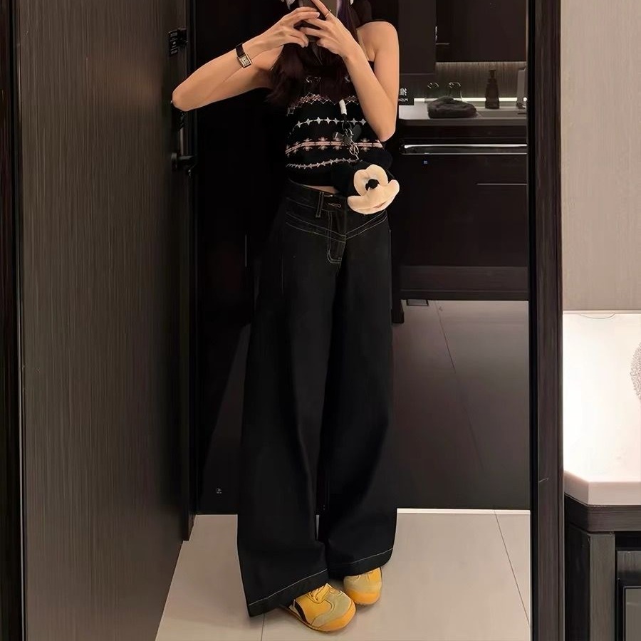 廓形設計黑色彎刀牛仔褲女夏季新款美式復古顯瘦闊腿直筒拖地褲子