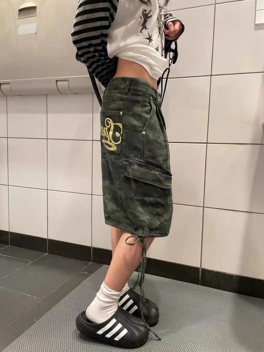 美式復古迷彩字母印花牛仔五分褲男女夏季街頭抽繩口袋闊腿工裝褲