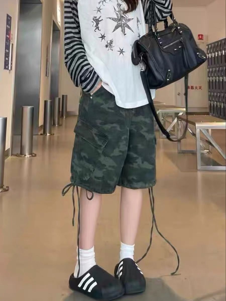 美式復古迷彩字母印花牛仔五分褲男女夏季街頭抽繩口袋闊腿工裝褲