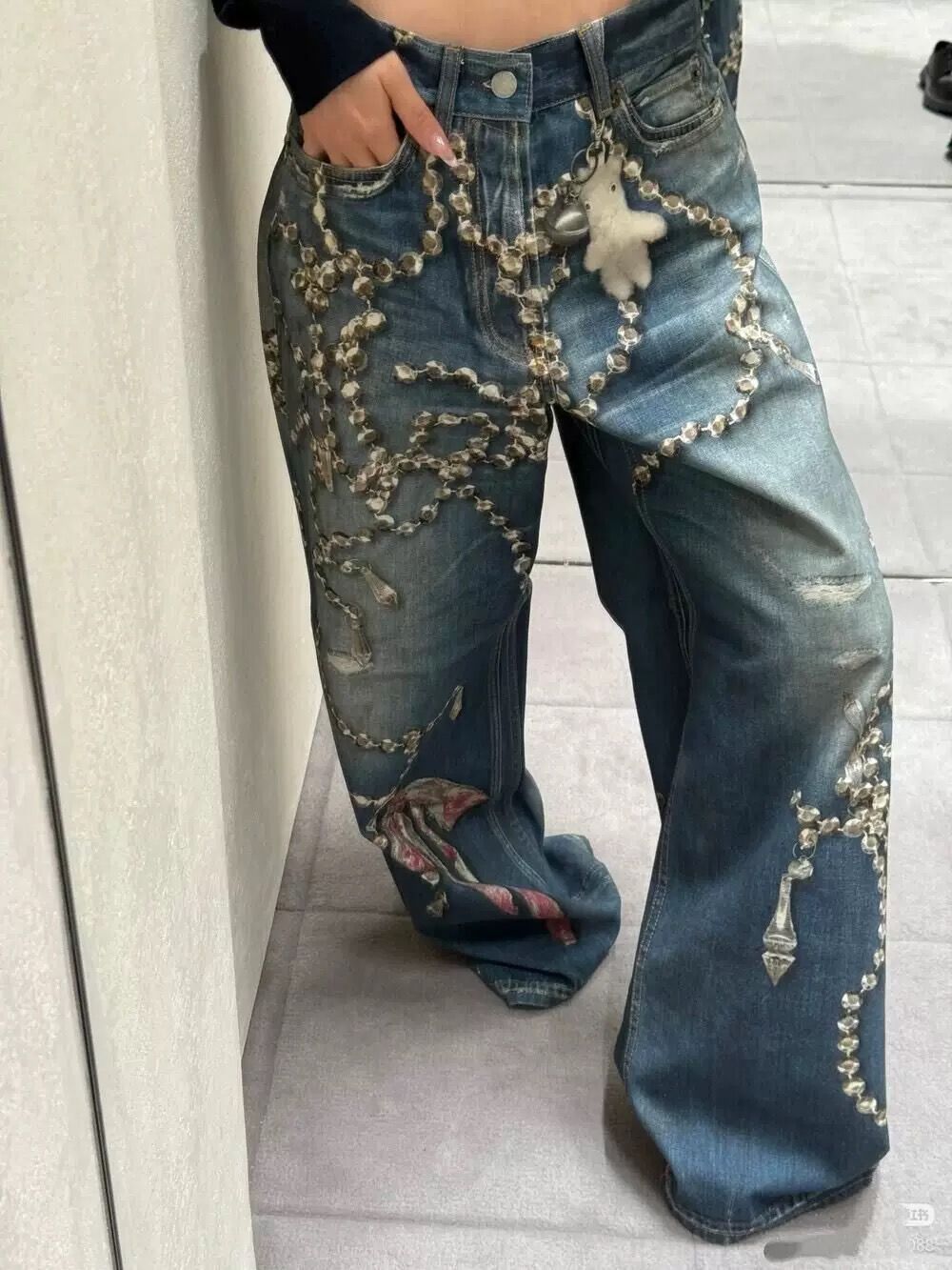 美式水晶鏈條3D數碼印花牛仔褲夏季痞帥高級感褲子寬松直筒長褲