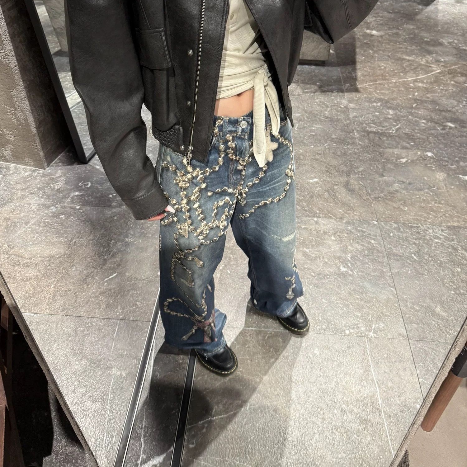 美式水晶鏈條3D數碼印花牛仔褲夏季痞帥高級感褲子寬松直筒長褲