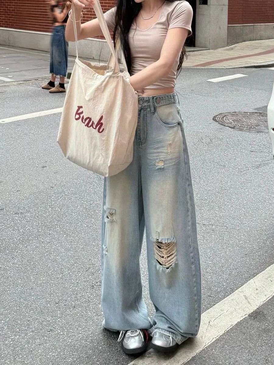 夏季美式復古破洞牛仔褲女高腰寬松顯瘦遮肉闊腿直筒拖地褲