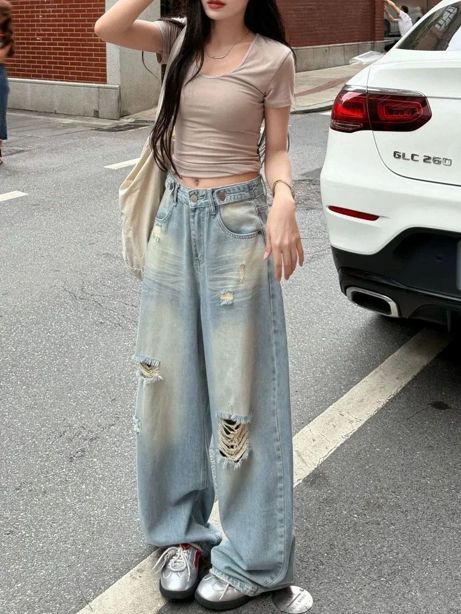 夏季美式復古破洞牛仔褲女高腰寬松顯瘦遮肉闊腿直筒拖地褲