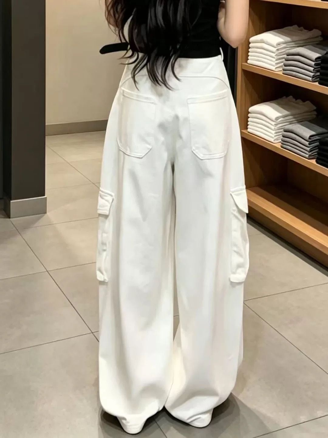美式高街白色闊腿工裝牛仔褲女夏季新款高腰寬松直筒休閑褲