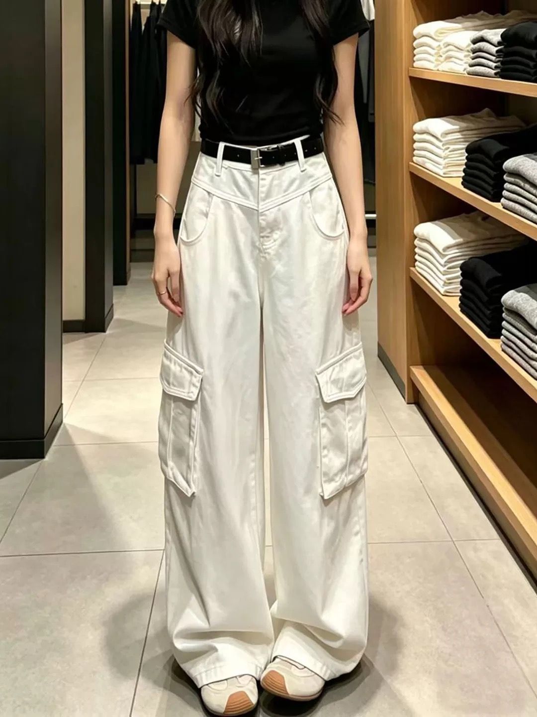 美式高街白色闊腿工裝牛仔褲女夏季新款高腰寬松直筒休閑褲