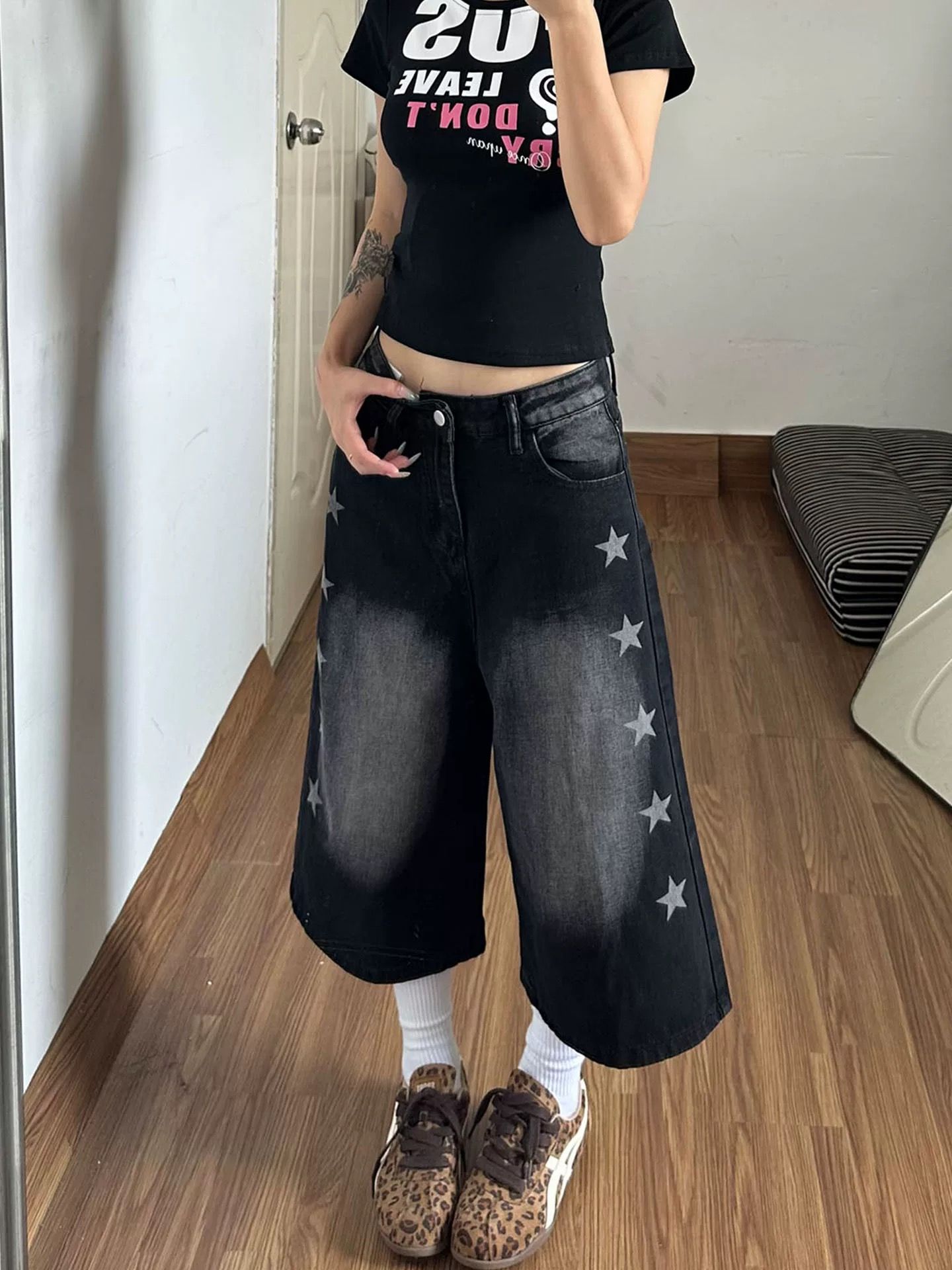 美式復古星星印花黑色牛仔七分褲褲子女款2026夏季新款寬松短褲