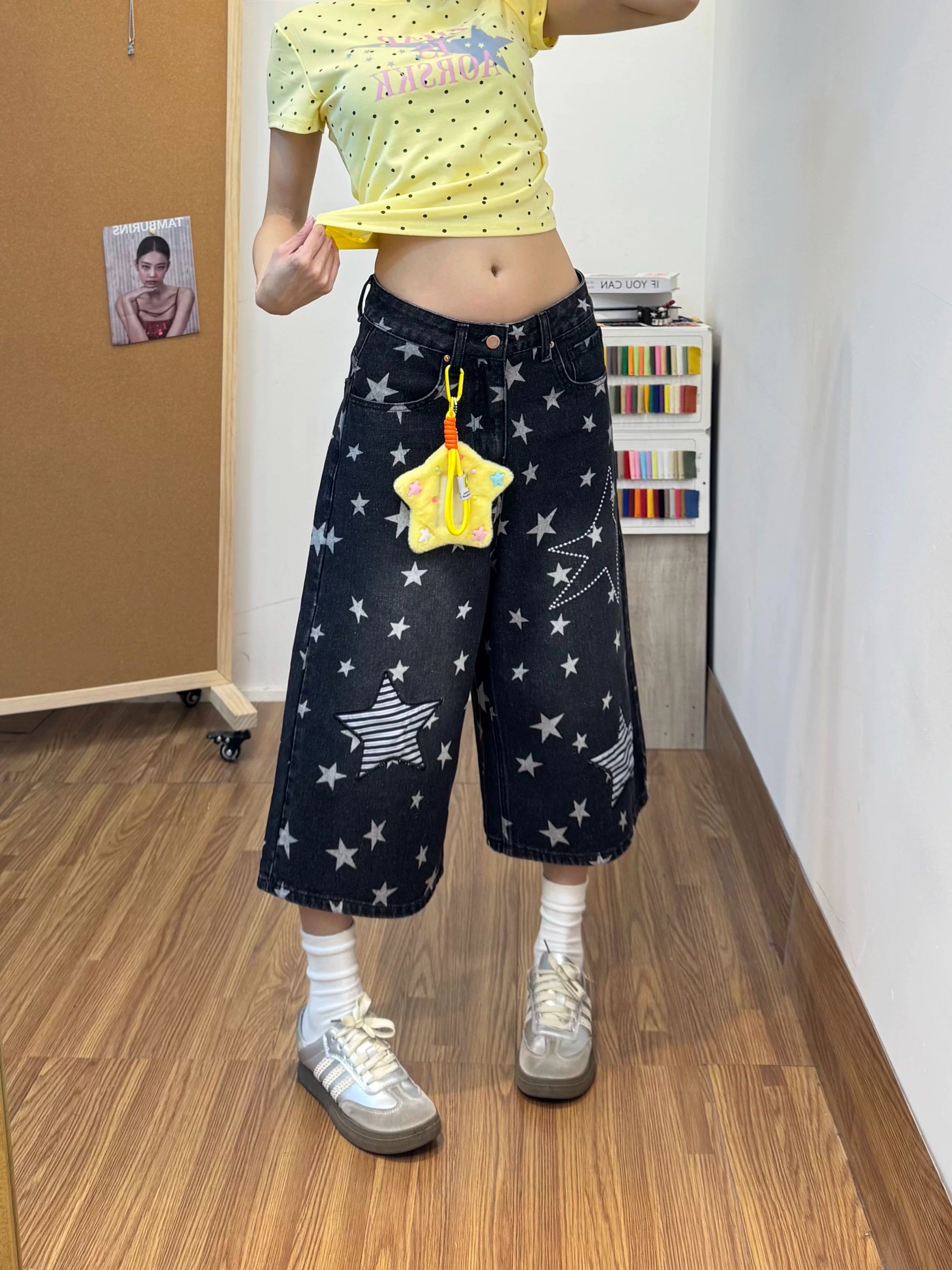 美式復古小眾滿印星星貼布七分褲2026夏季新款情侶闊腿牛仔中褲子