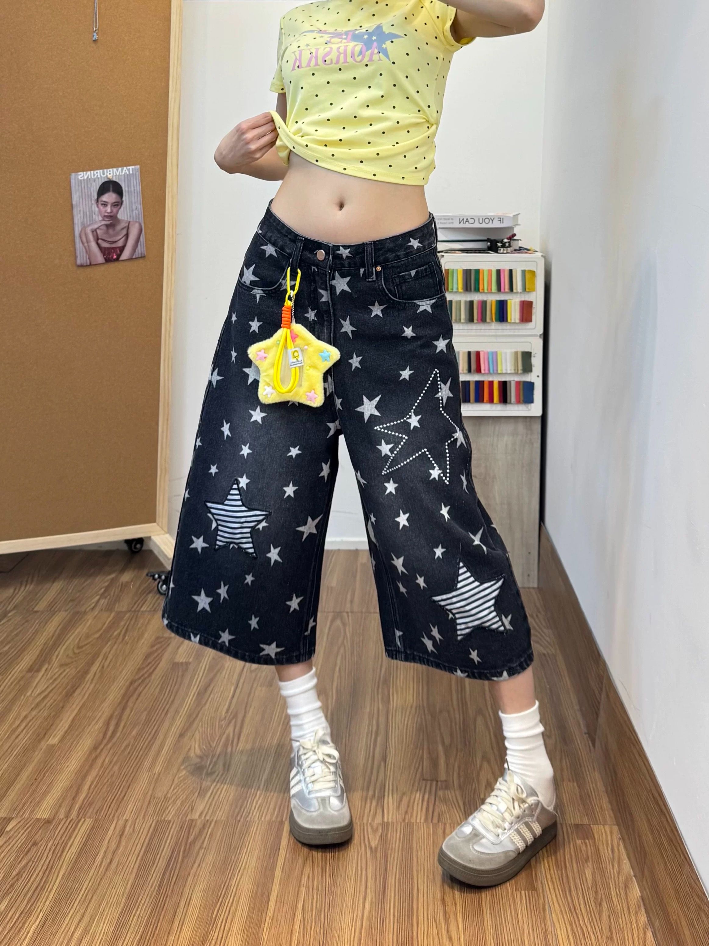 美式復古小眾滿印星星貼布七分褲2026夏季新款情侶闊腿牛仔中褲子