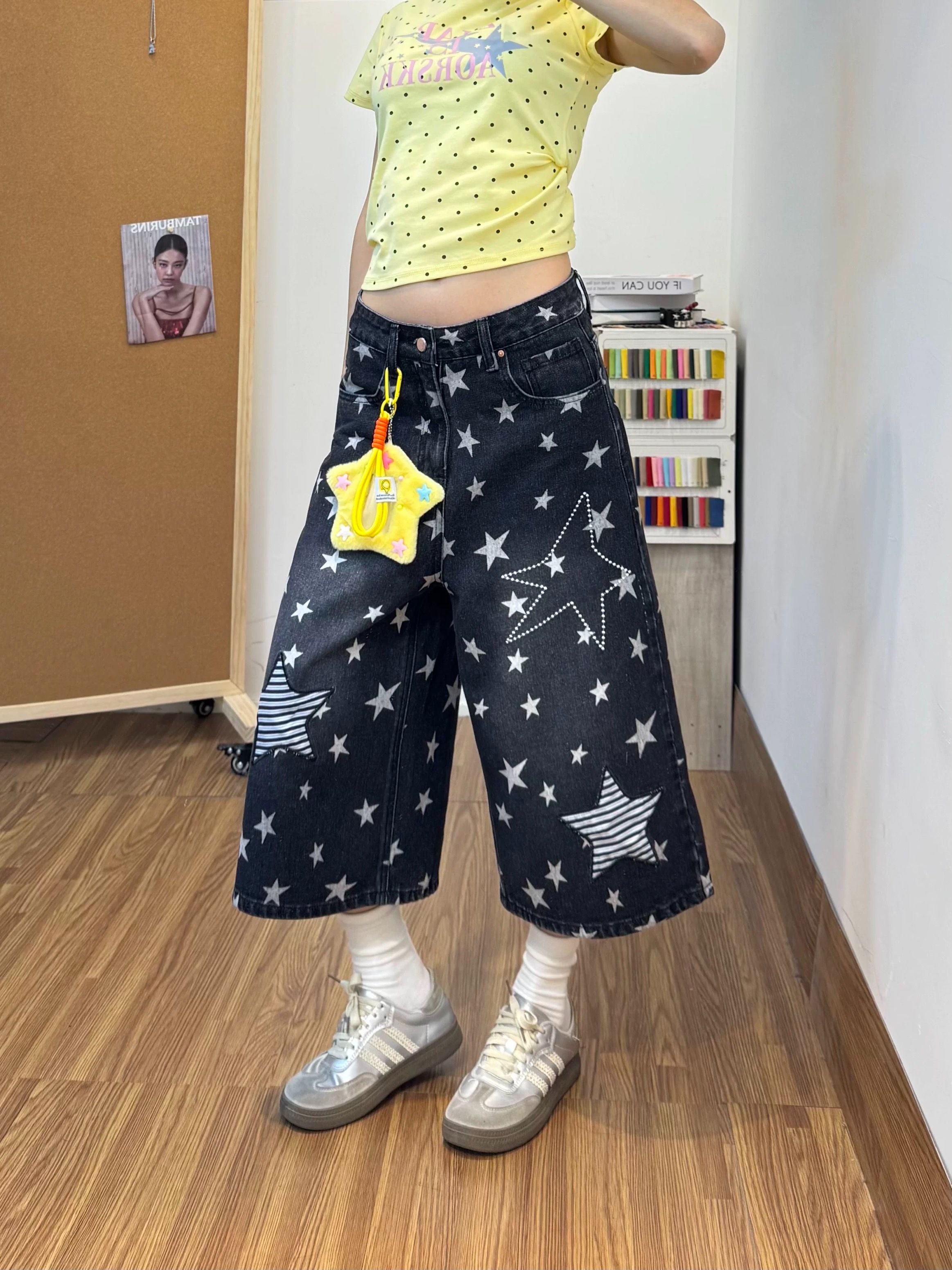 美式復古小眾滿印星星貼布七分褲2026夏季新款情侶闊腿牛仔中褲子