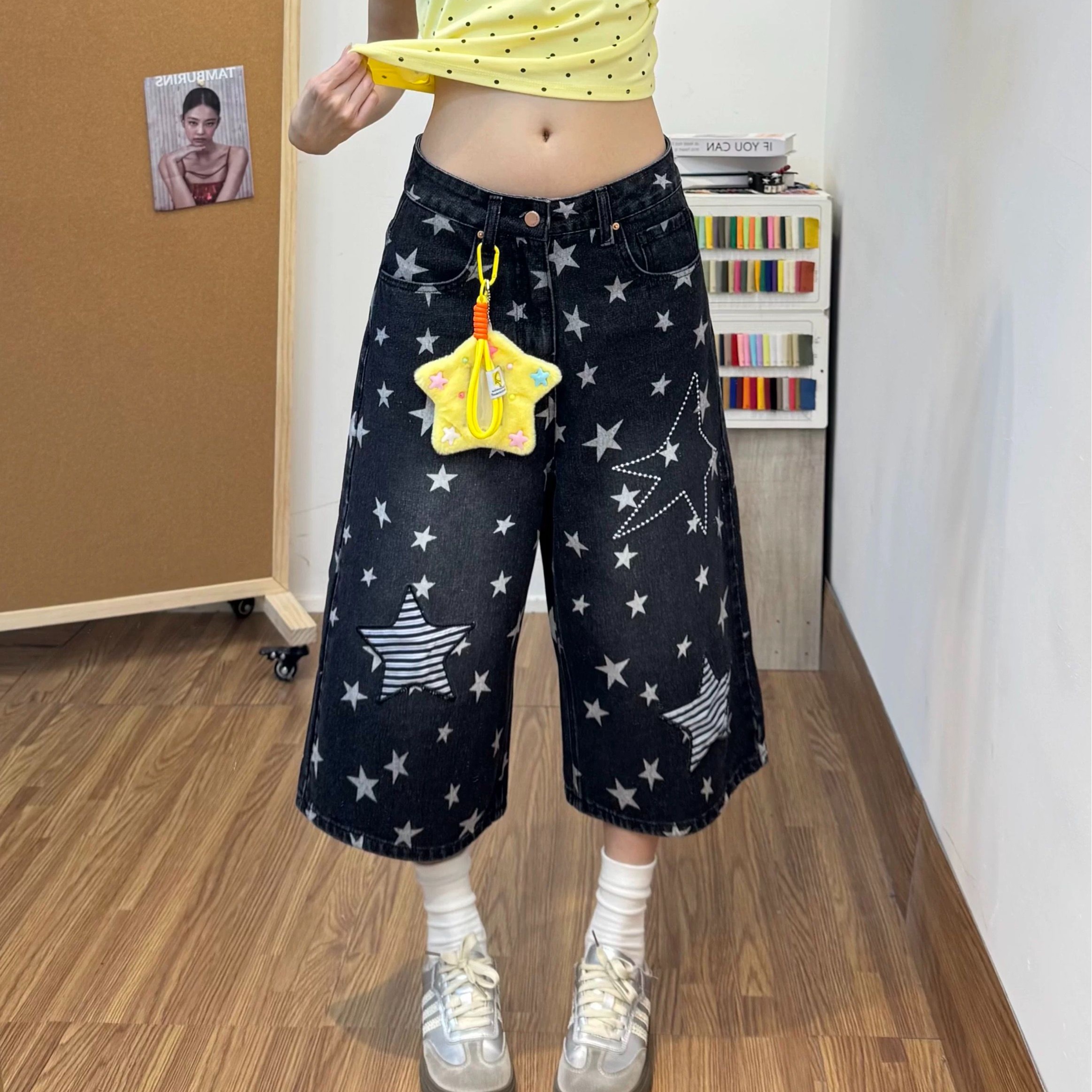 美式復古小眾滿印星星貼布七分褲2026夏季新款情侶闊腿牛仔中褲子