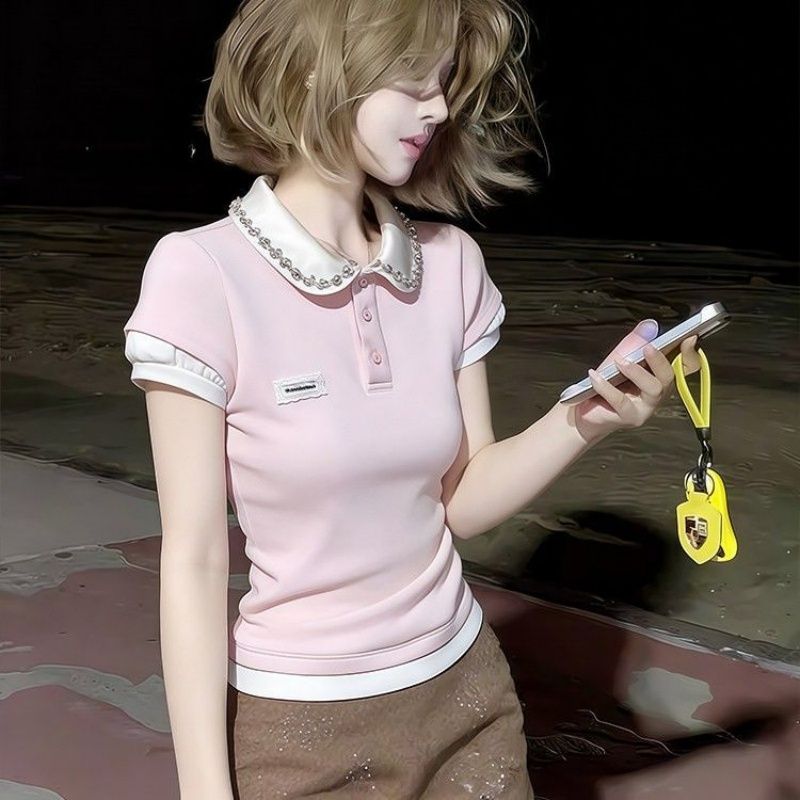 RY1298# 韩版粉色重工假两件水钻翻领短袖t恤女夏季短款收腰显瘦正肩上衣