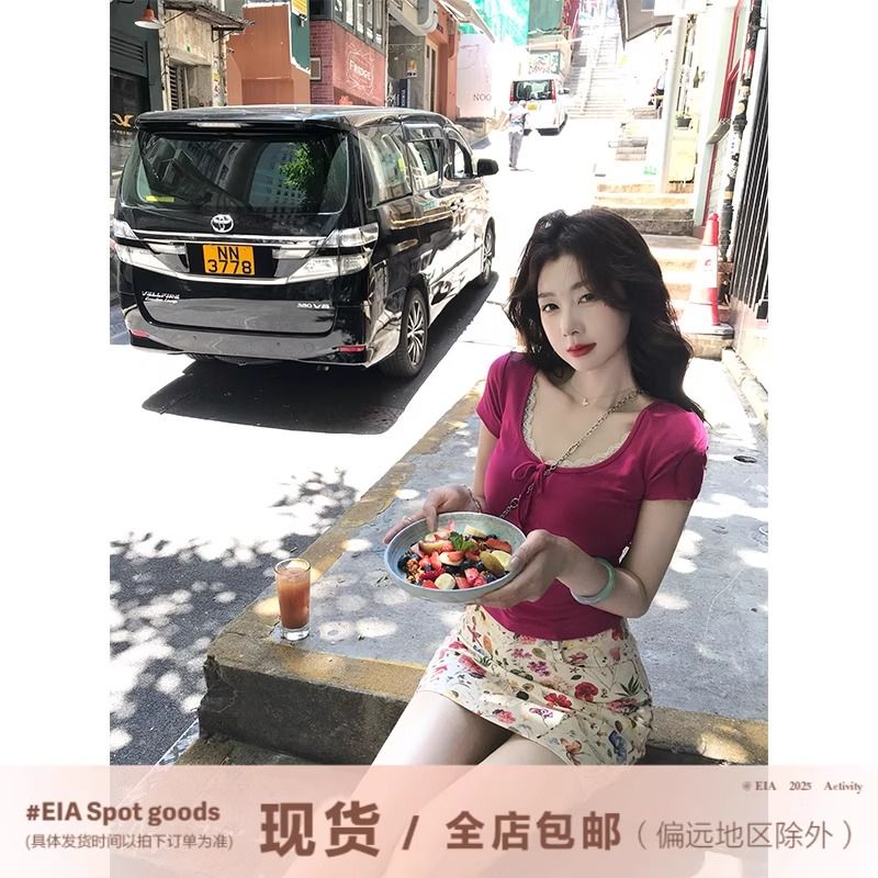 RY1288# 气质短袖T恤女夏甜美减龄蕾丝边短款显瘦上衣