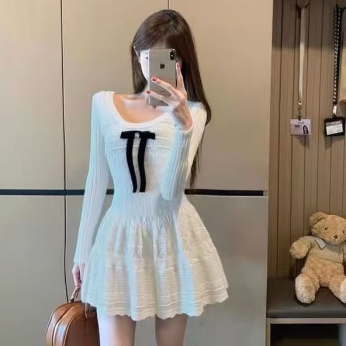 MY12912# 千金感连衣裙女针织裙子生日裙白色毛织小个子针织裙女女裝貨源服裝批發