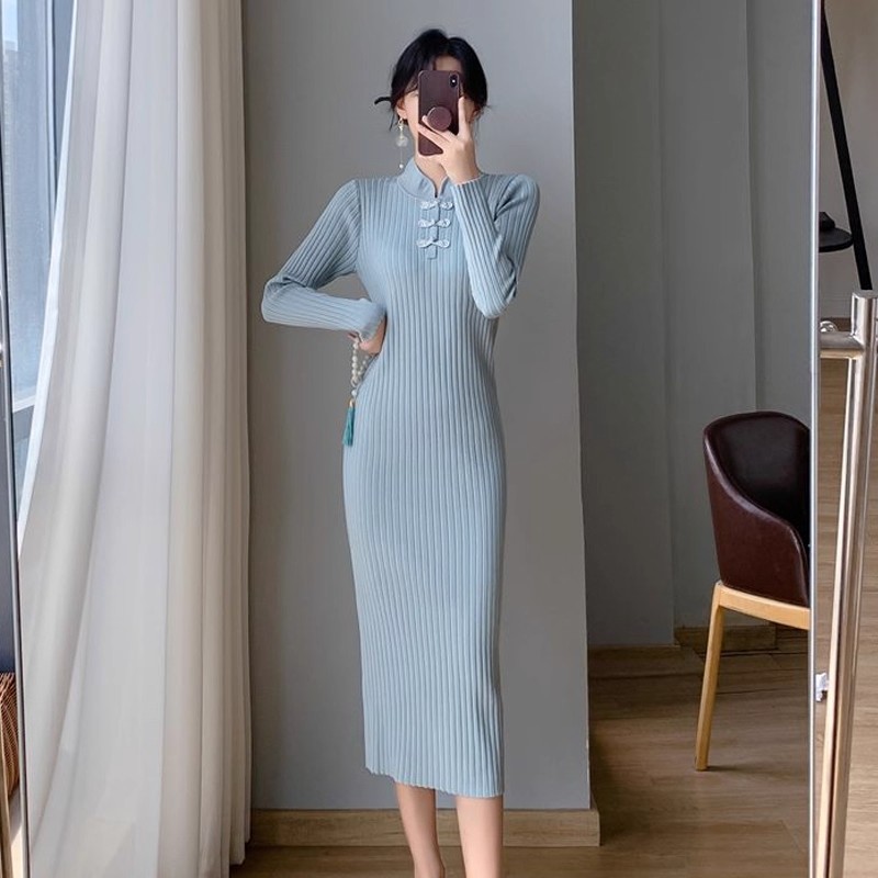 MY14736# 新中式改良旗袍裙国风复古盘扣长袖针织连衣裙内搭打底长裙女...