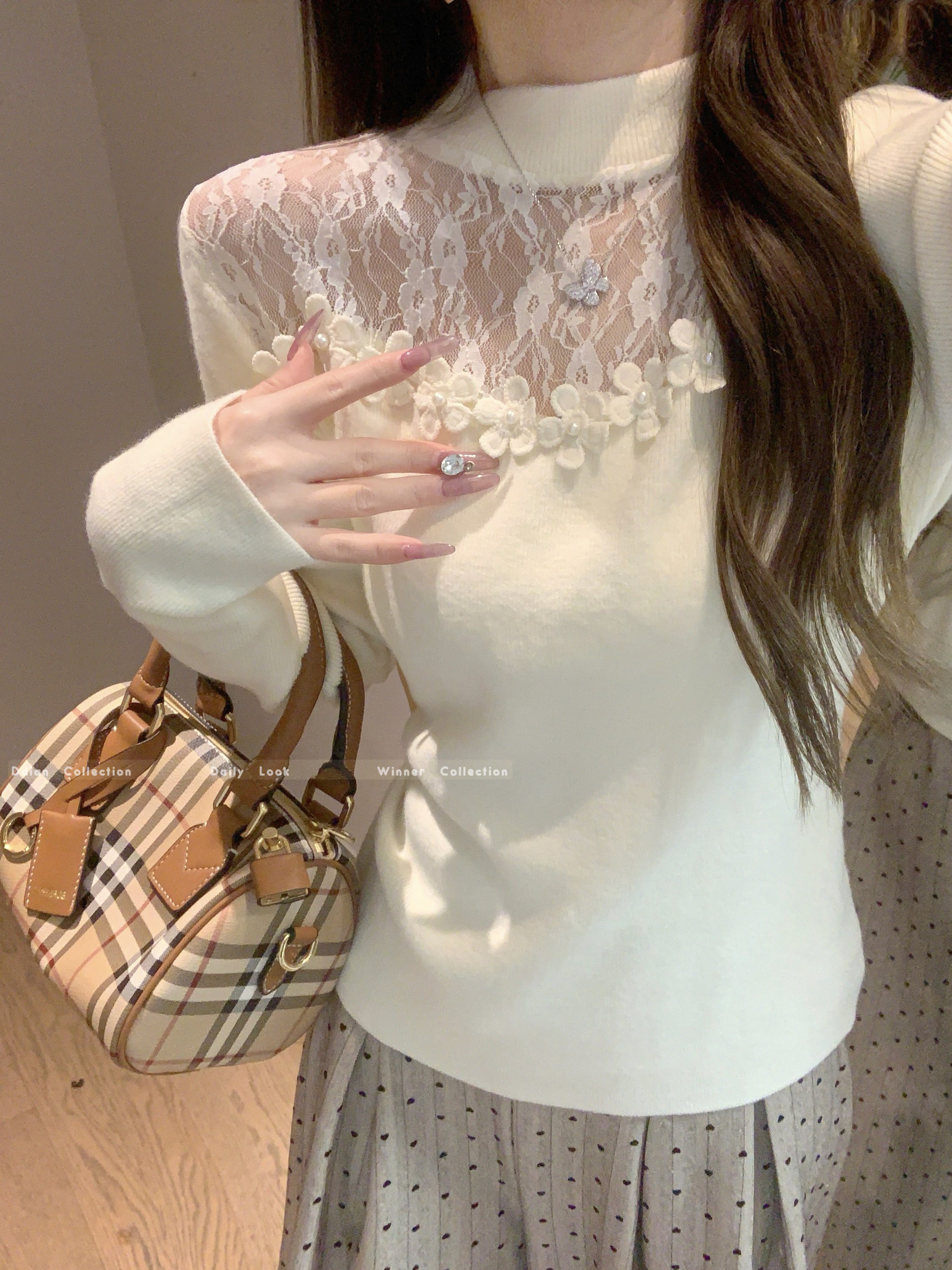 MY14738# miu系奶黄色半高领蕾丝微透拼接打底衫女春纯欲内搭毛衣针...