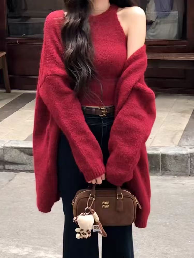 MY15260# 慵懒风圣诞红色毛衣开衫外套女秋冬内搭针织背心新款上衣套装女裝貨源服裝批發