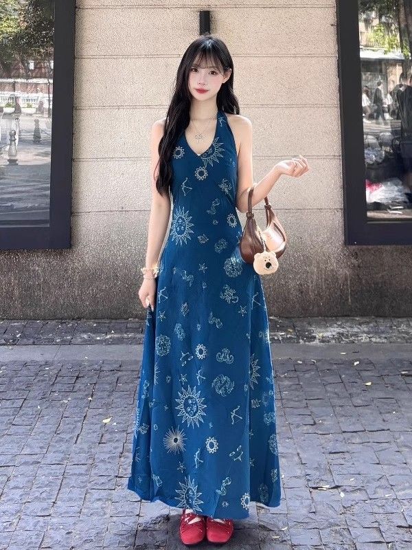 RY3340# 2026新款复古法式度假风蓝色v领挂脖背心连衣裙子女夏季收...