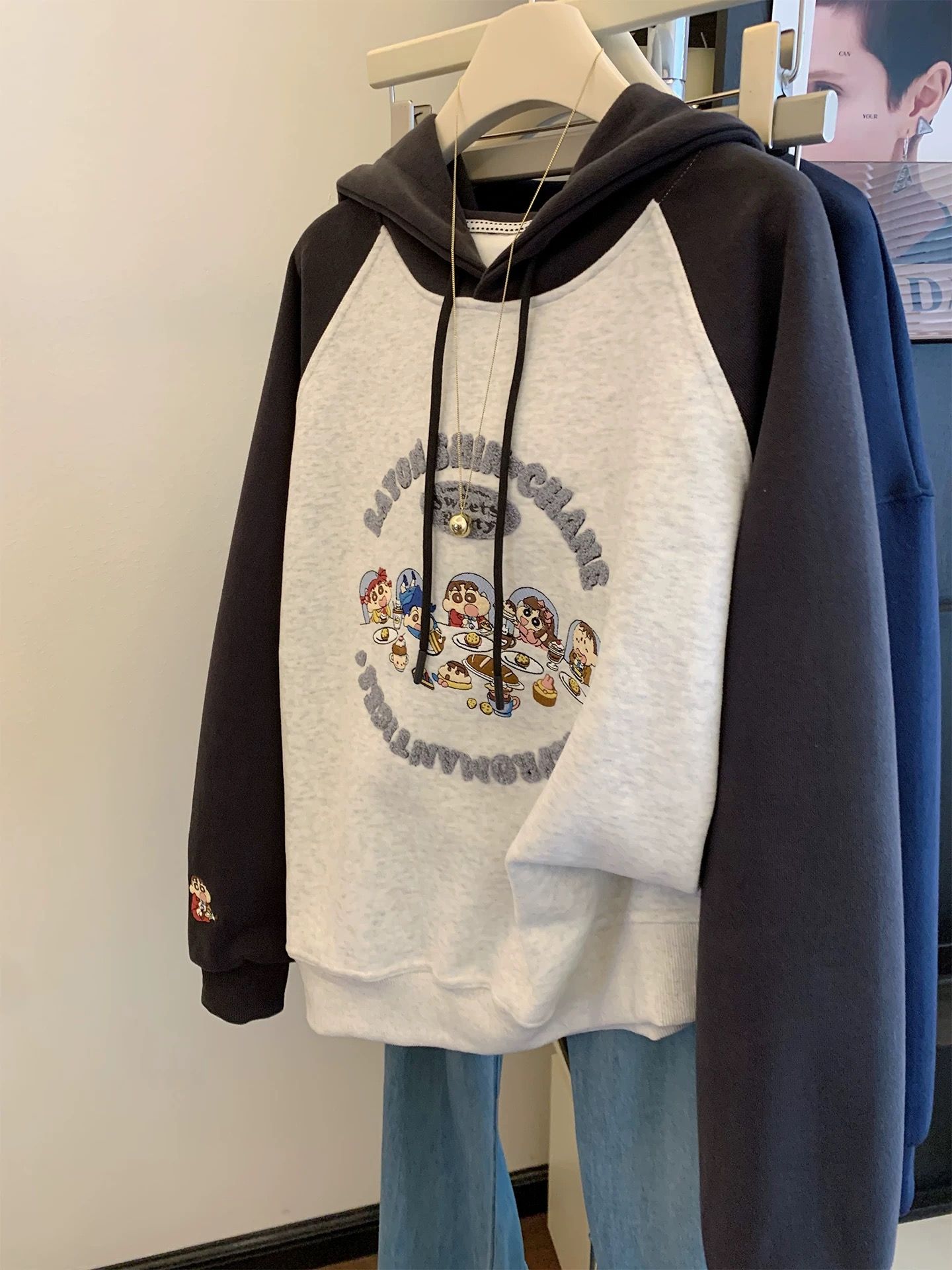 MY16644# 仿华棉复牛奶丝特大码300斤撞色连帽卫衣韩系上衣女裝貨源服裝批發