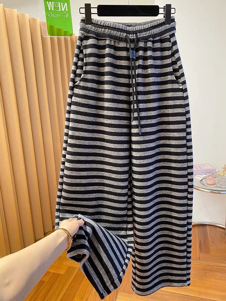 MY16642# 仿棉复真超特大码300斤加绒卫裤新款条纹长裤子女裝貨源服裝批發