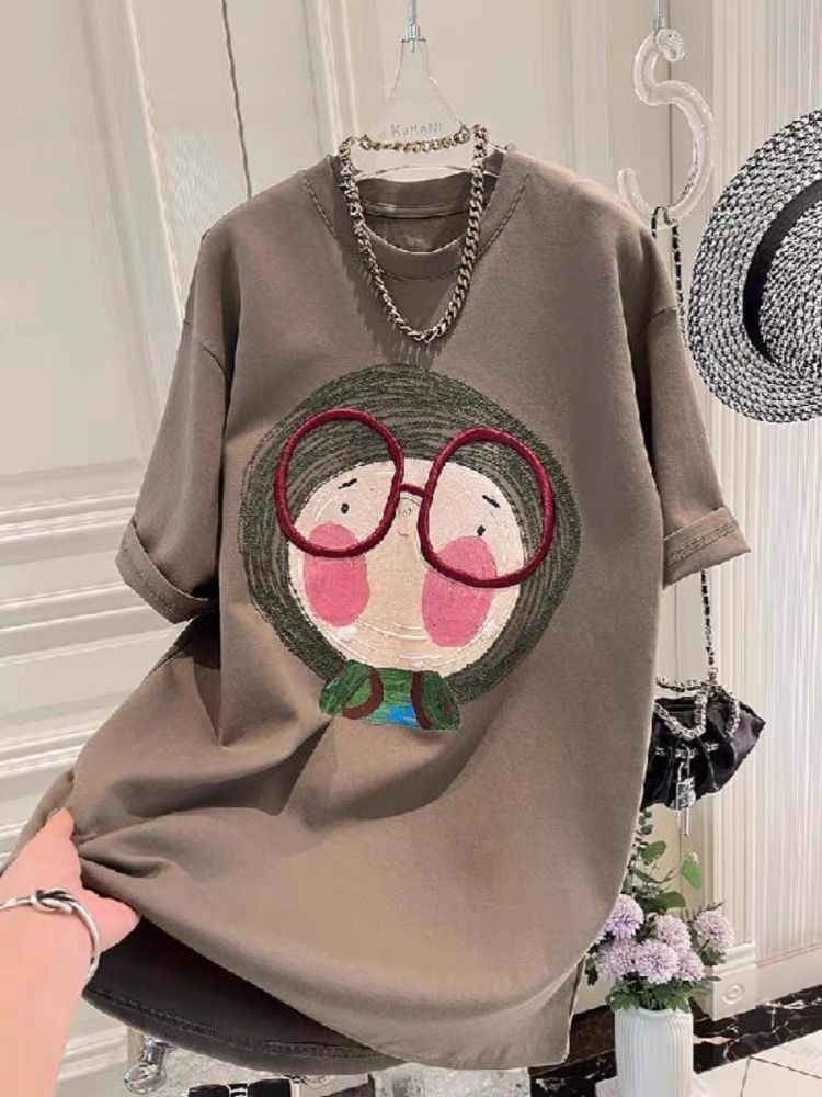 MY16640# 德绒特大码300斤重工刺绣磨毛短袖t恤女裝貨源服裝批發