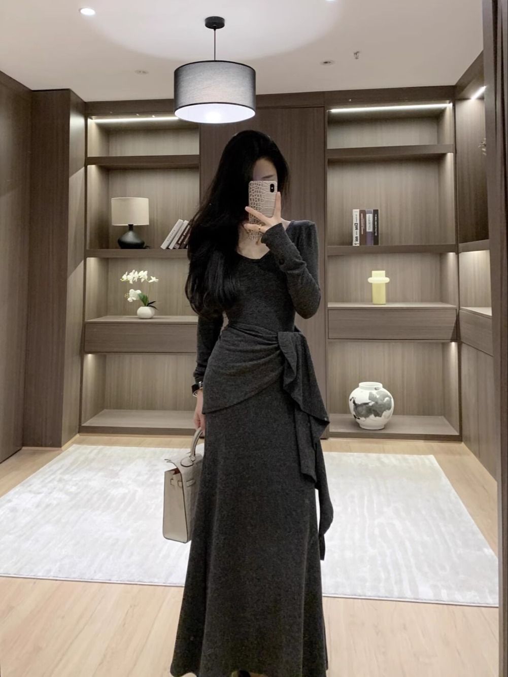 MY17357# 轻熟气质V领长袖连衣裙新款辣妹收腰显瘦A字过膝长裙子女裝貨源服裝批發