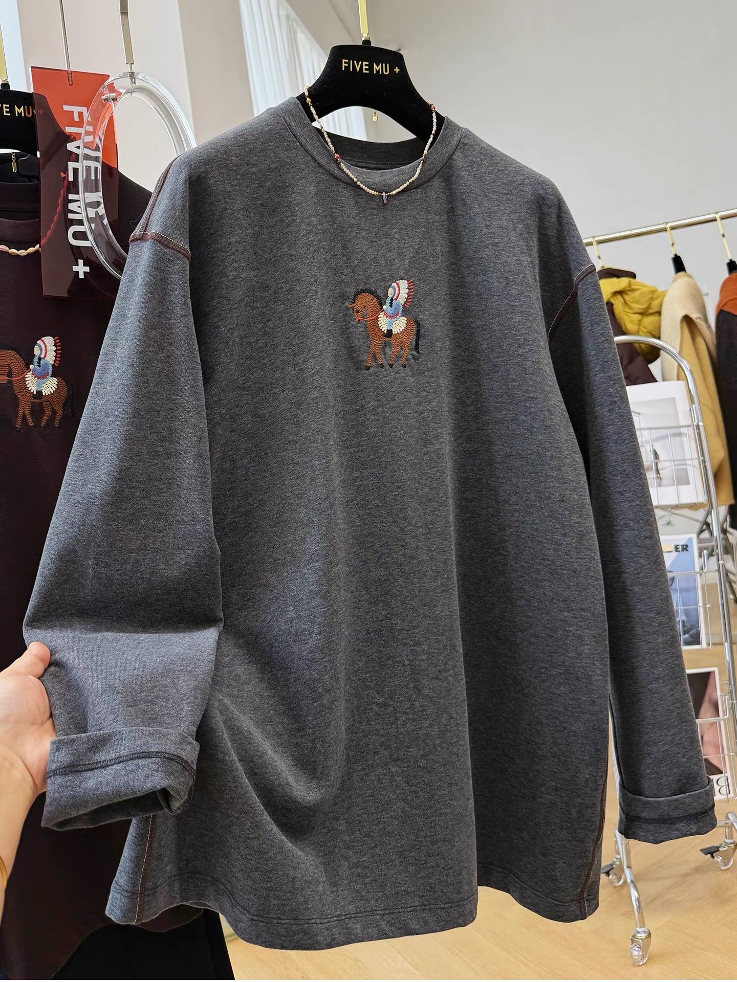 MY17353# 做三个色德绒特大码300斤卡通刺绣宽松磨毛长袖T恤女女裝貨源服裝批發