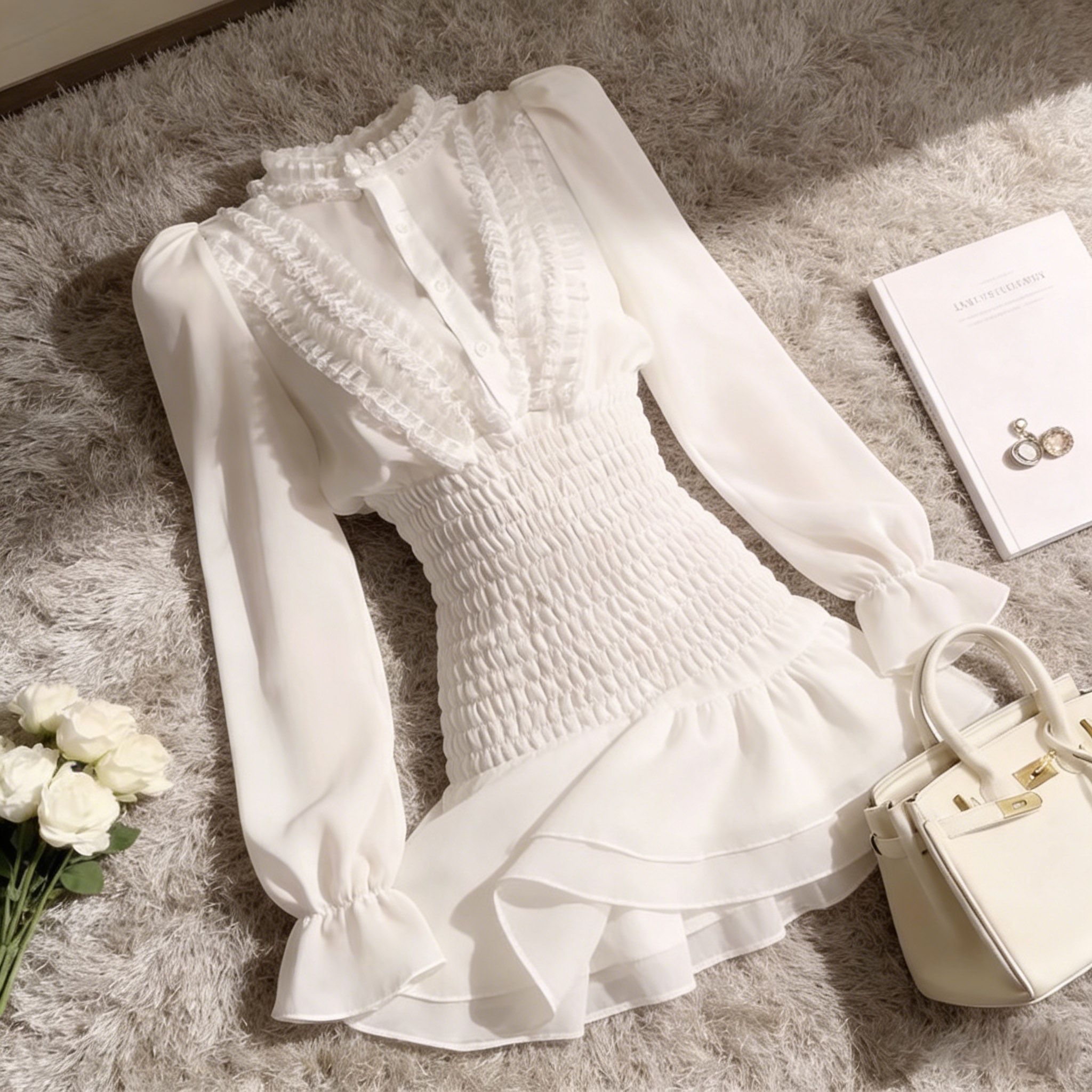 MY17580# 荷叶边长袖雪纺衬衫连衣裙夏季褶皱气质高级感收腰仙女短裙子...