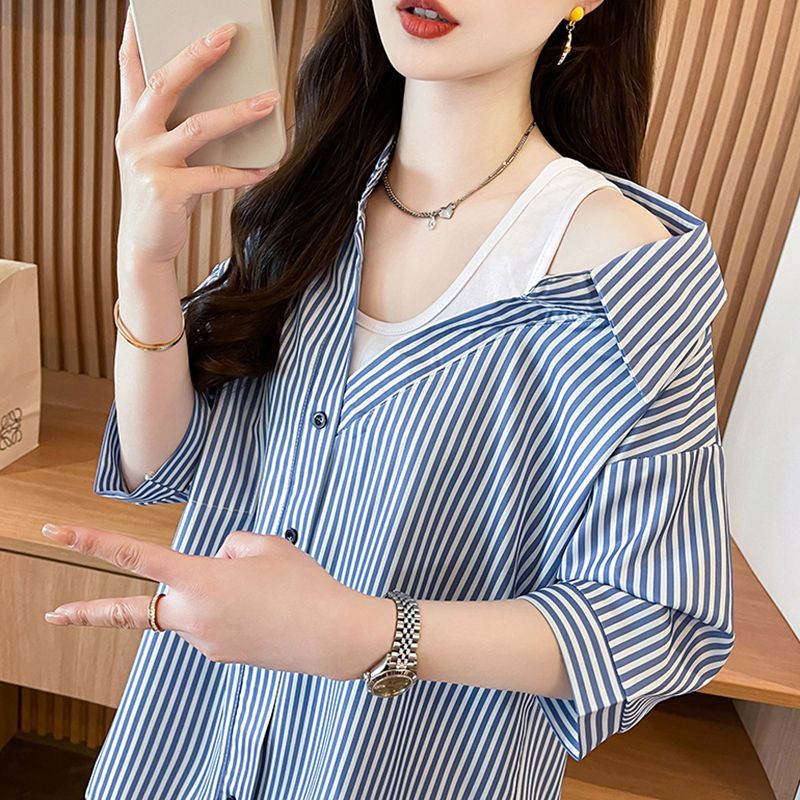 MY7879# 韩版宽松polo领洋气条纹露肩拼接雪纺衬衫上衣女裝貨源服裝批發