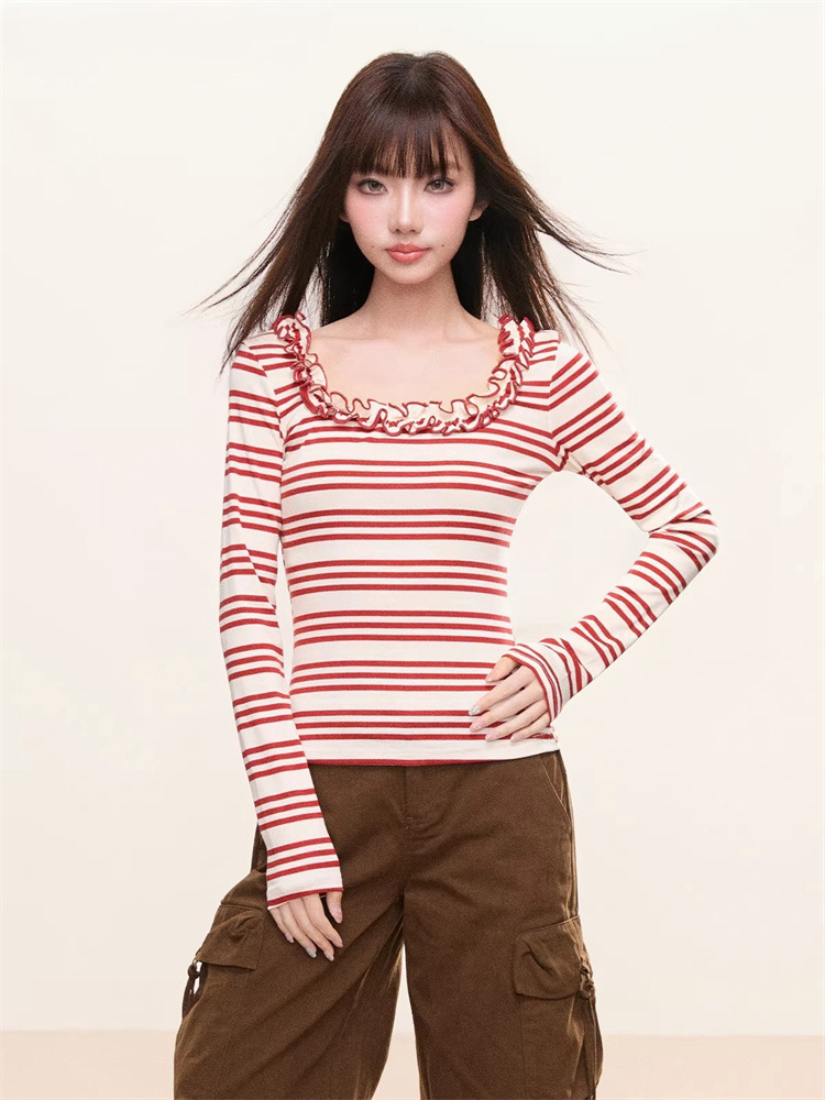 MY16799# 原版面料欧韩设计感撞色条纹拼接圆领长袖T恤女不规则木耳边...