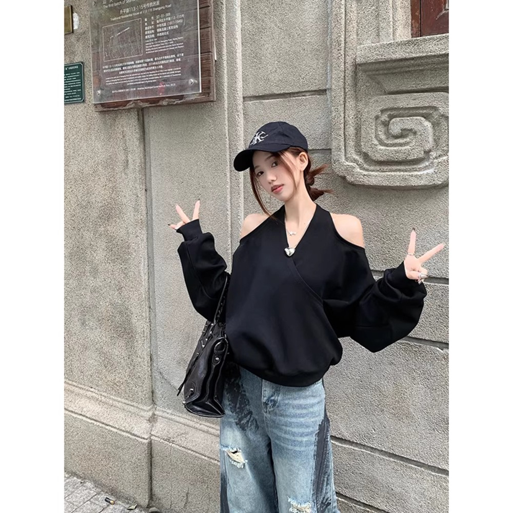 MY16798# 原版质量挂脖V领露肩欧韩长袖卫衣百搭休闲上衣女女裝貨源服裝批發