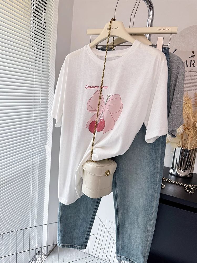 MY16796# 21支纯棉100%棉蝴蝶结樱桃印花短袖T恤女女裝貨源服裝...