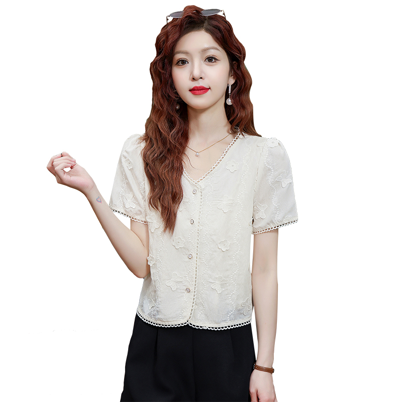 溫柔襯衣百搭短袖襯衫 2025夏季寬松顯瘦減齡時尚立體繡花上衣女