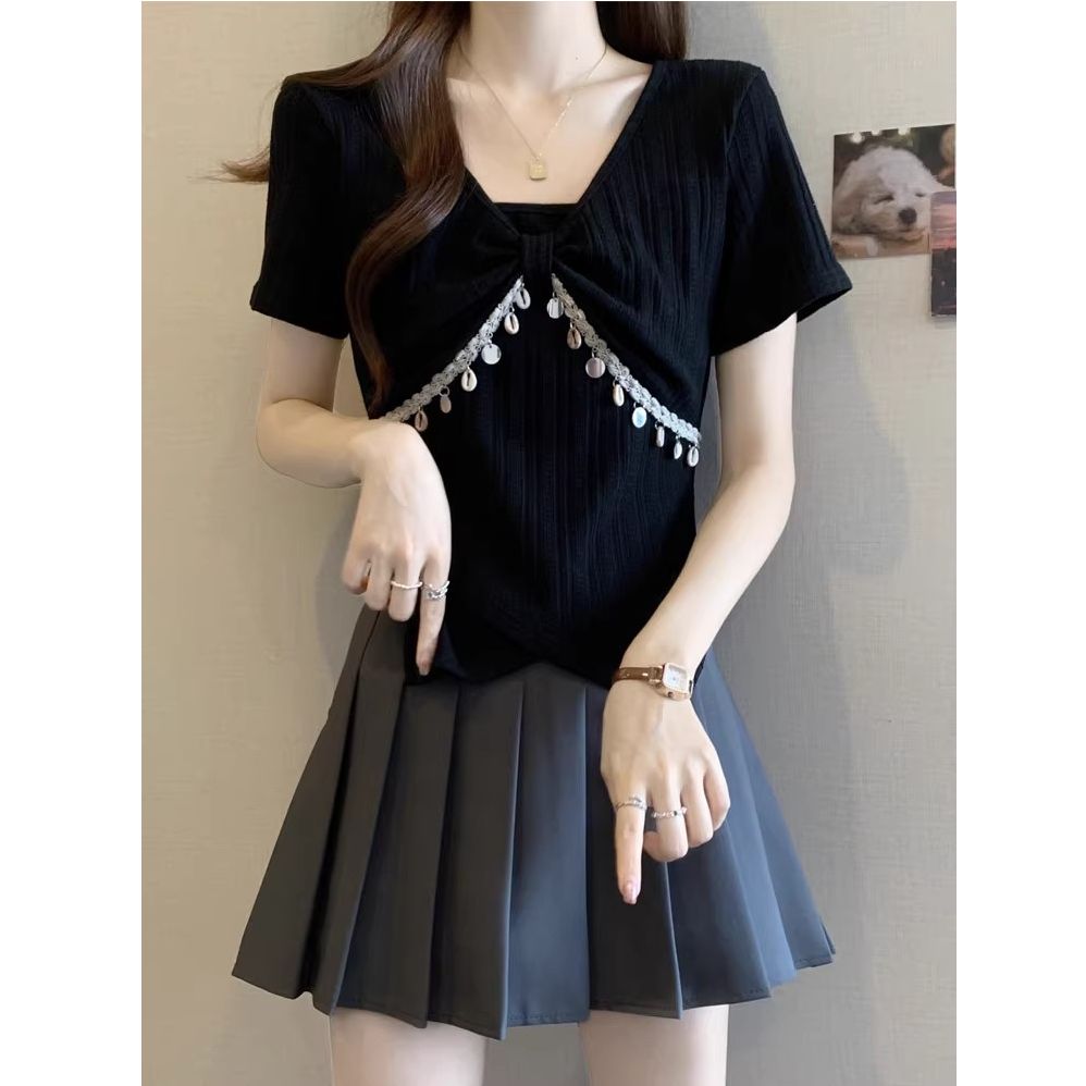 MY7593# 韩系穿搭方领短袖t恤女夏季款纯欲甜辣妹独特修身不规则上衣女裝貨源服裝批發